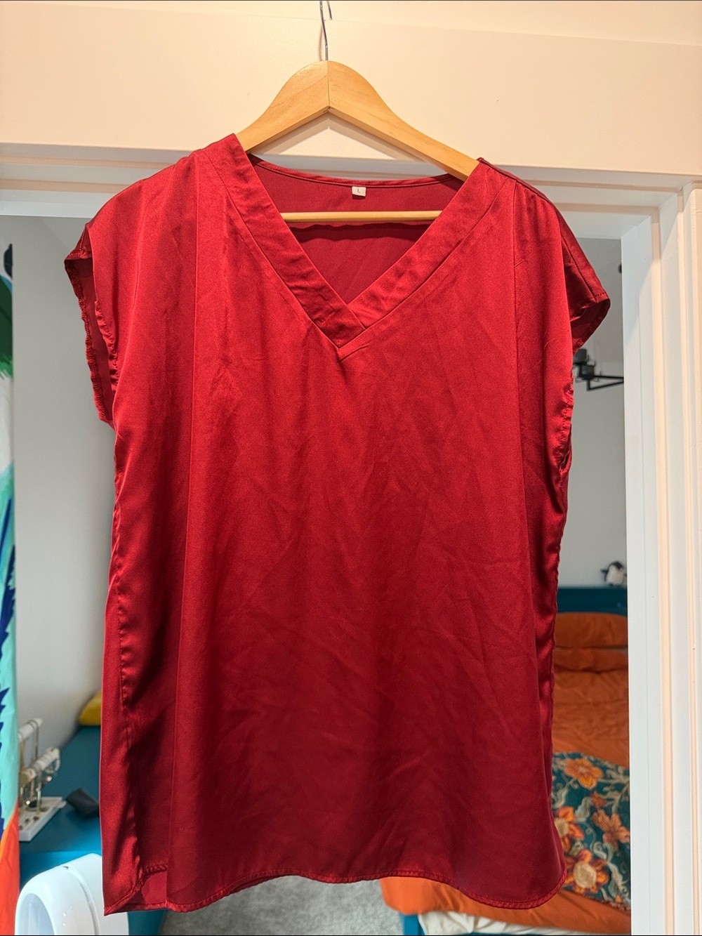 Women's Red V-Neck Satin Blouse